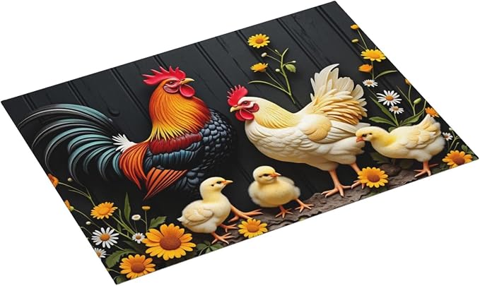 Rooster Hen And Chicks With Flowers