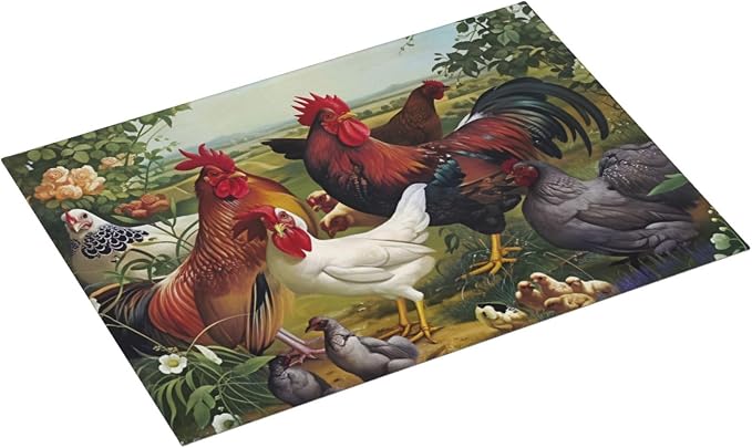 Chicken Rooster Hen Chicks Garden Flowers Farm Scene