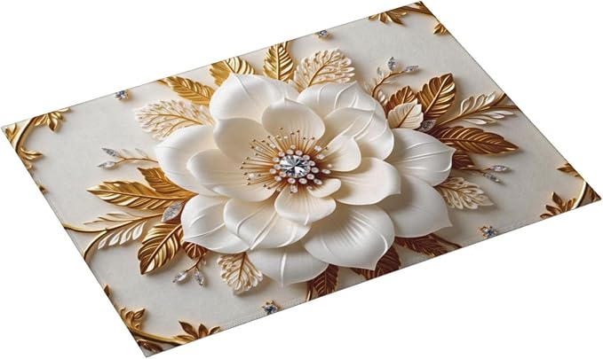 Golden Floral Embroidery With White Flower And Diamond Center