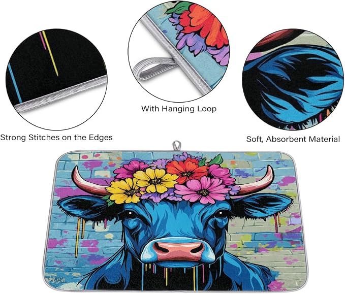 A Blue And Black Cow With Colorful Flower