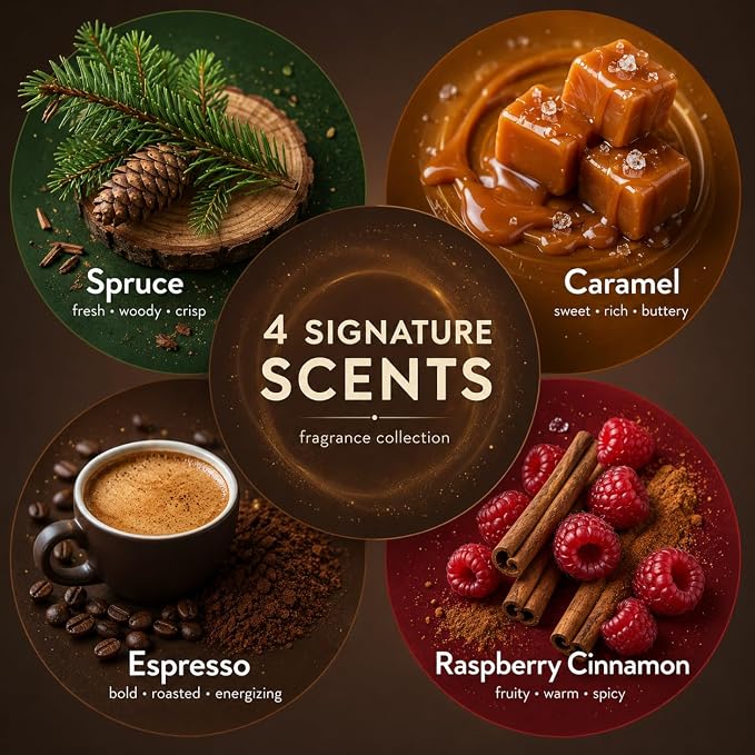 Spruce, Caramel, Espresso, Raspberry Cinnamon