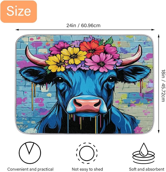 A Blue And Black Cow With Colorful Flower