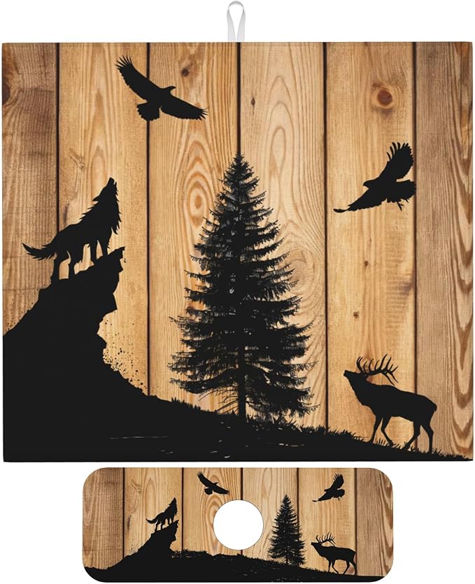 Retro Rustic Wolf Deer Forest Brown Wood
