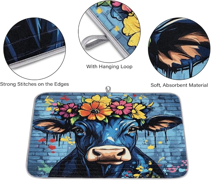 A Blue And Black Cow With Colorful Flowers