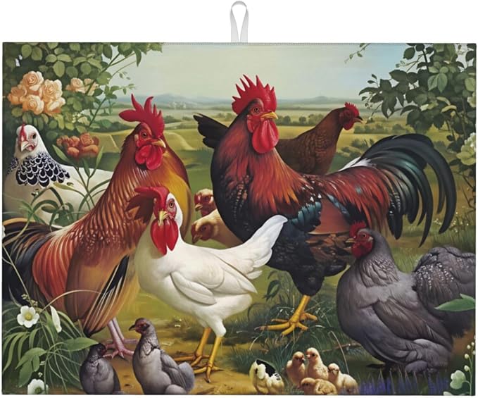 Chicken Rooster Hen Chicks Garden Flowers Farm Scene