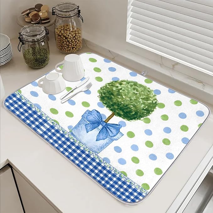 Blue Green Polka Dots Plaid Topiary Pot