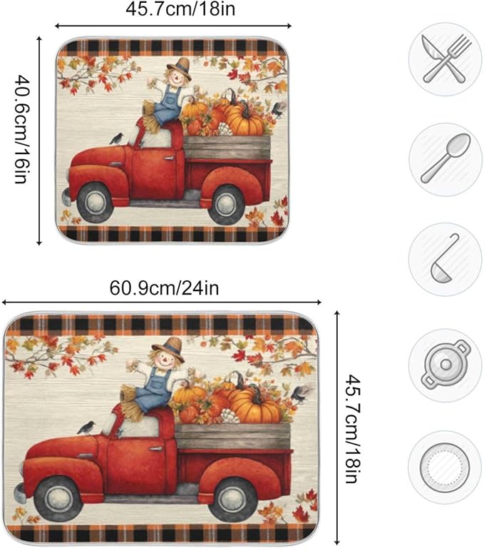 old red truck with autumn leaves
