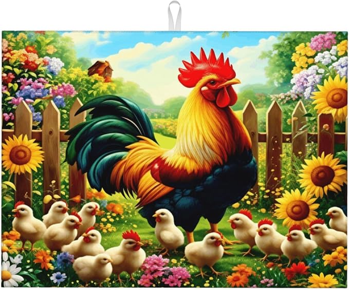 Colorful Rooster With Chicks In Flower Garden