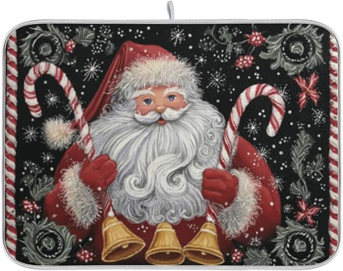 santa claus holding candy canes and bells