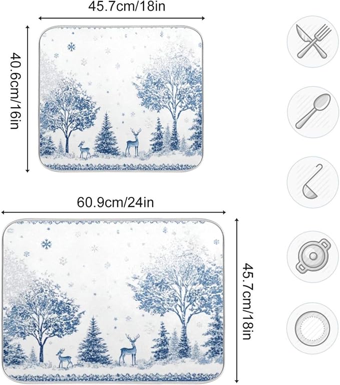 snow scene with trees, deer