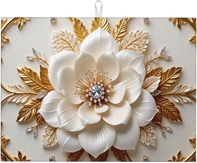 Golden Floral Embroidery With White Flower And Diamond Center