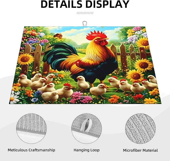 Colorful Rooster With Chicks In Flower Garden