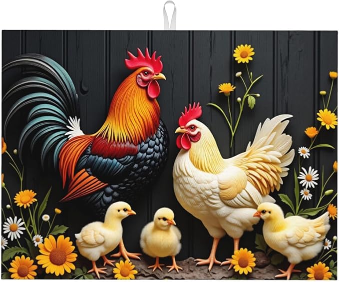 Rooster Hen And Chicks With Flowers