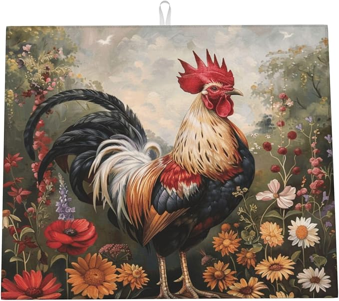 Oil Painting Rooster Flowers