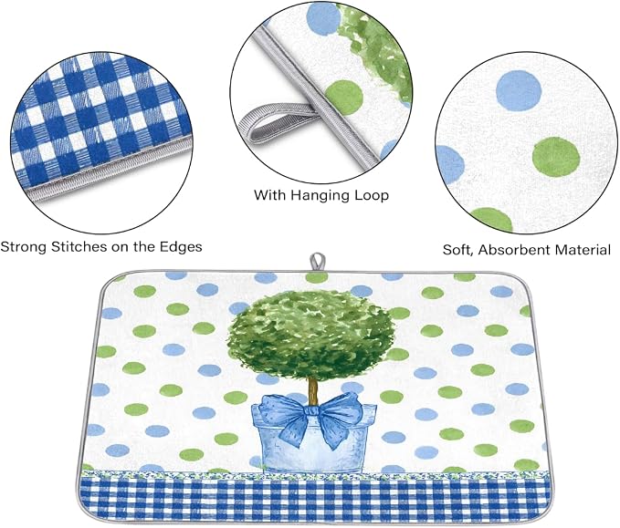 Blue Green Polka Dots Plaid Topiary Pot