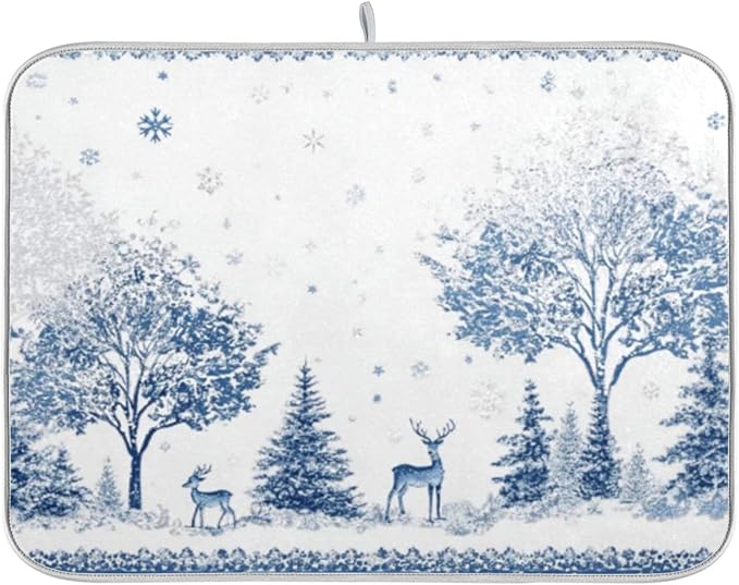 snow scene with trees, deer