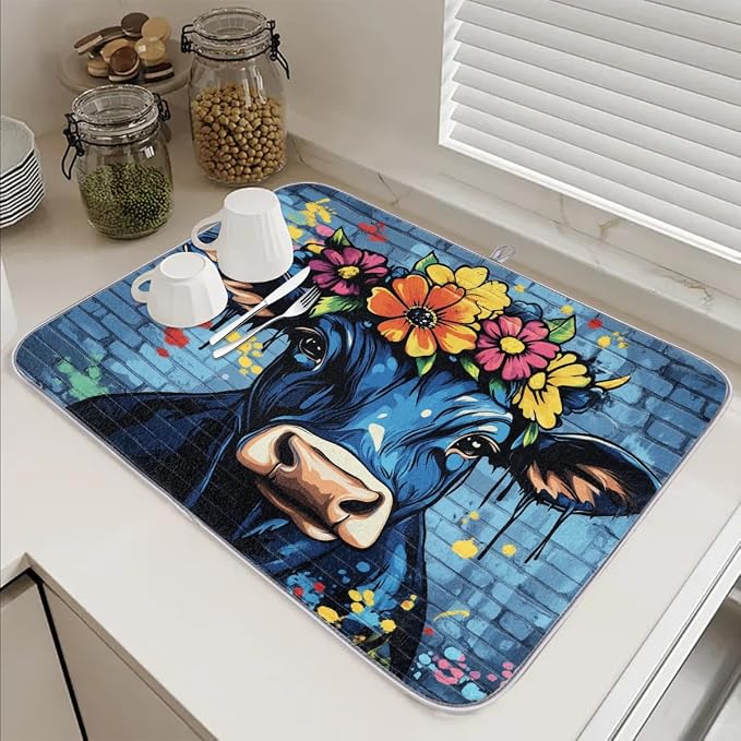 A Blue And Black Cow With Colorful Flowers
