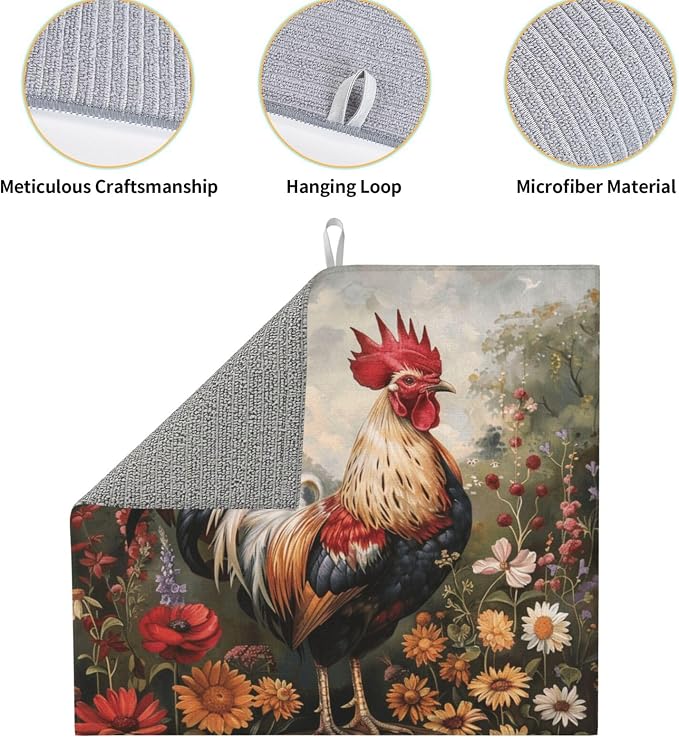 Oil Painting Rooster Flowers