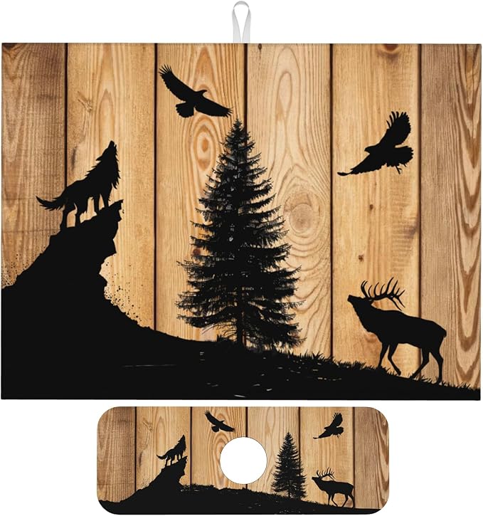 Retro Rustic Wolf Deer Forest Brown Wood
