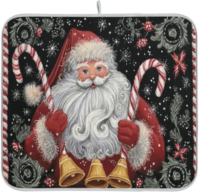 santa claus holding candy canes and bells