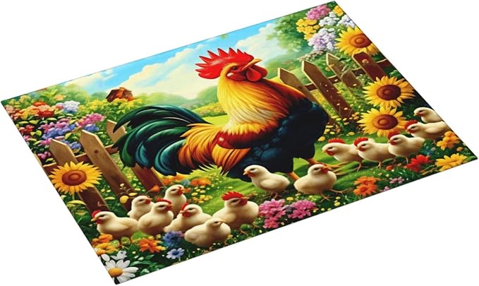 Colorful Rooster With Chicks In Flower Garden