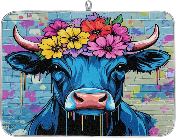 A Blue And Black Cow With Colorful Flower