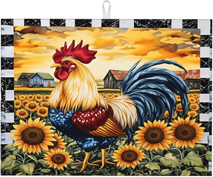 Farm Rooster Sunflowers Barn Sky