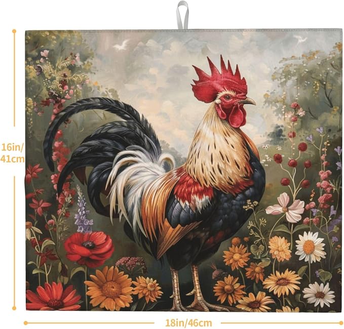 Oil Painting Rooster Flowers