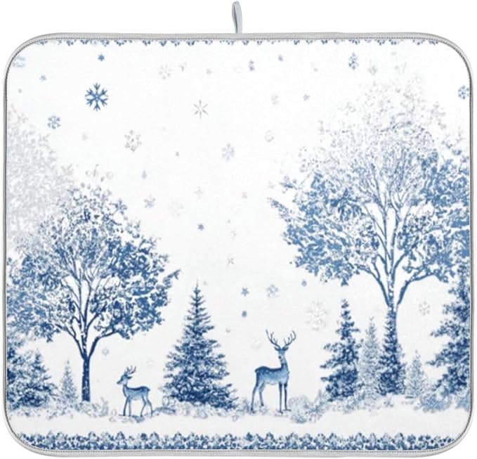 snow scene with trees, deer