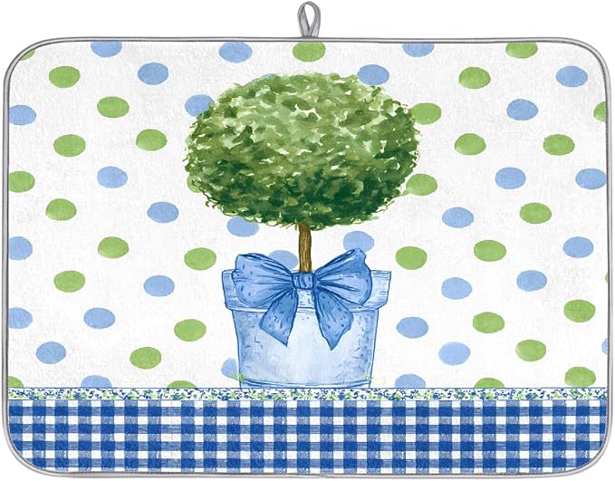 Blue Green Polka Dots Plaid Topiary Pot