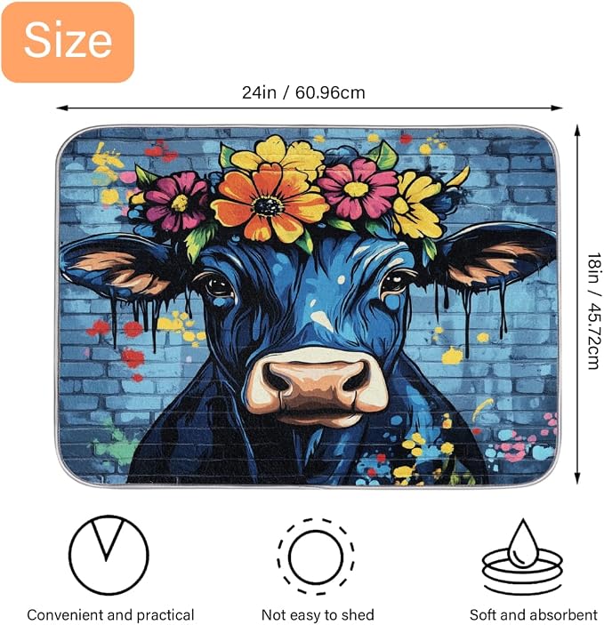 A Blue And Black Cow With Colorful Flowers