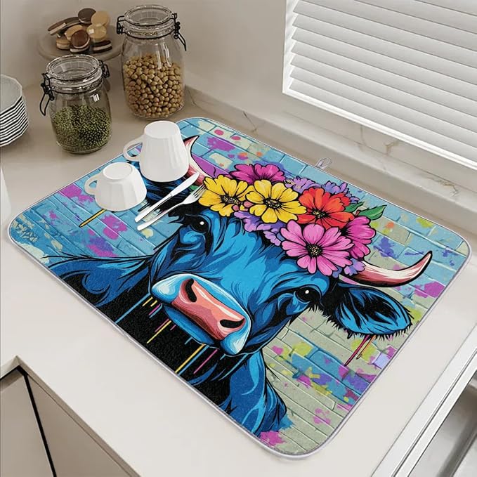 A Blue And Black Cow With Colorful Flower