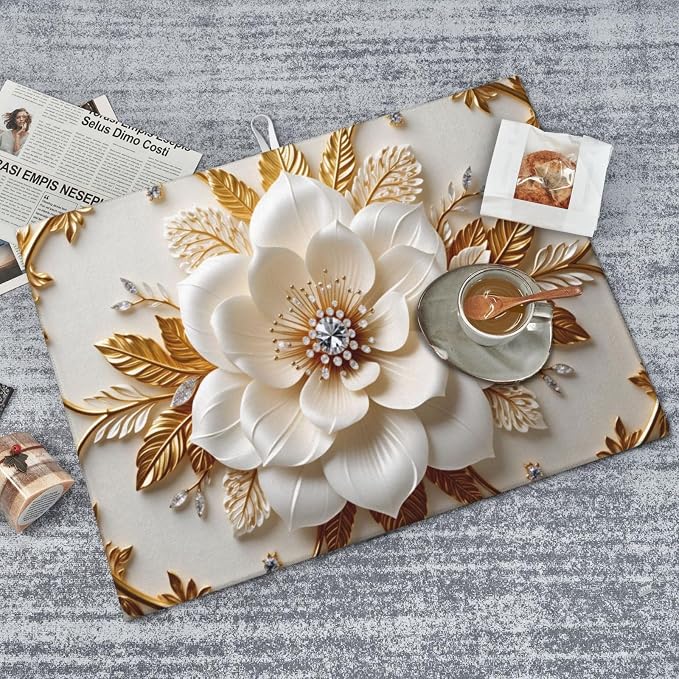 Golden Floral Embroidery With White Flower And Diamond Center