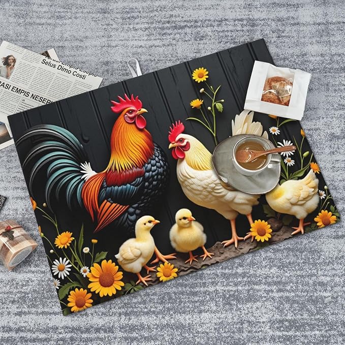 Rooster Hen And Chicks With Flowers
