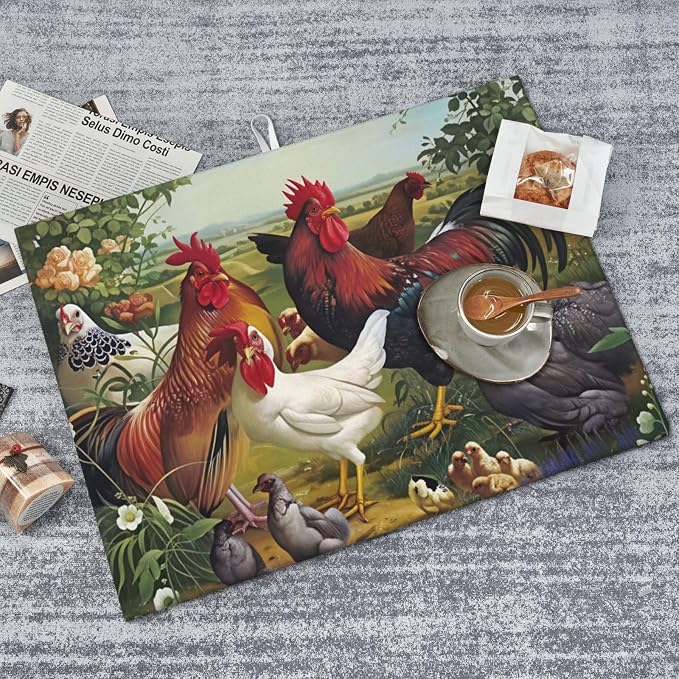 Chicken Rooster Hen Chicks Garden Flowers Farm Scene