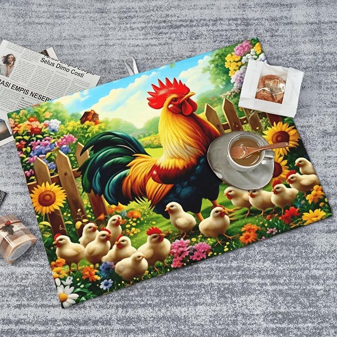 Colorful Rooster With Chicks In Flower Garden