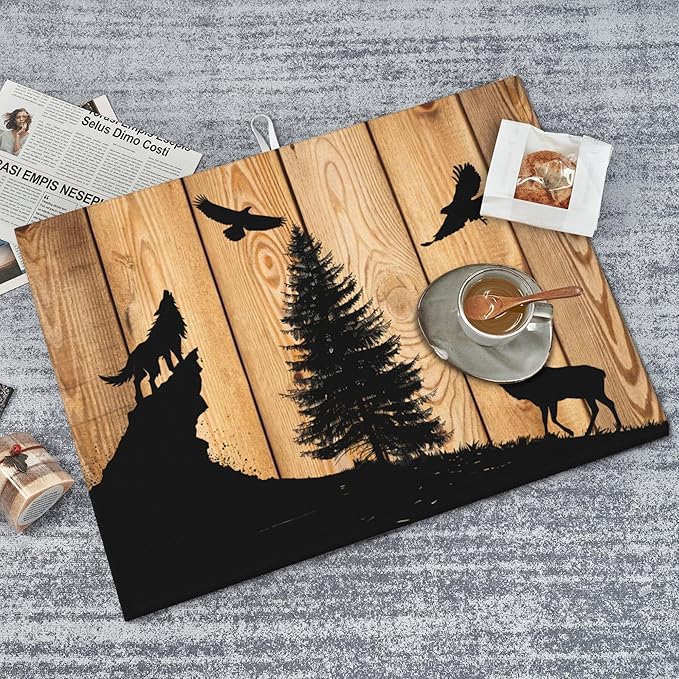 Retro Rustic Wolf Deer Forest Brown Wood