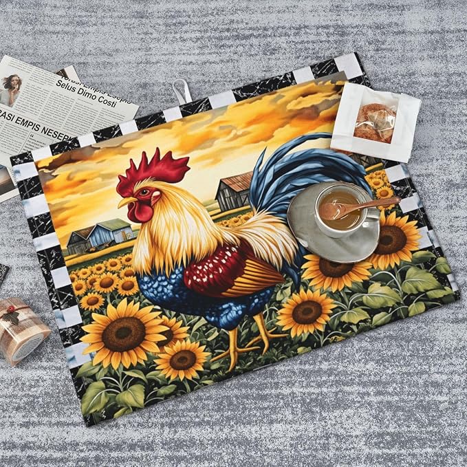 Farm Rooster Sunflowers Barn Sky