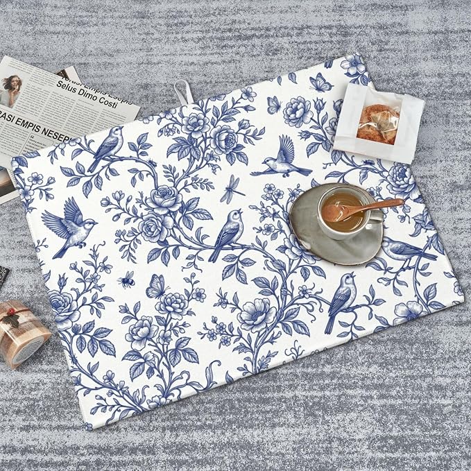 Blue White Floral Bird